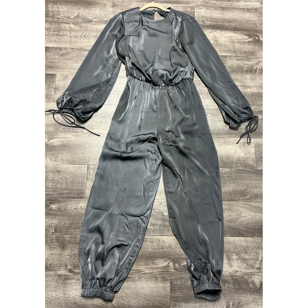 Fashion Nova Jumpsuit Women's Sz M Charcoal Gray Shayla Satin Jogger Long Sleeve